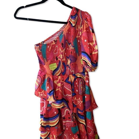 ALDEN ADAIR Stargazing Dress One Shoulder Red Print Asymetrical Satin NWT S - Picture 7 of 14